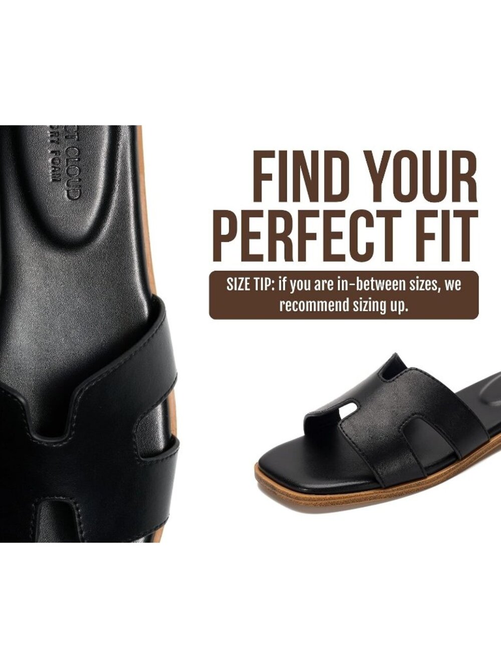 Women's Black Genuine Leather Fashion Flats Memory Foam Insole Slides Sandals - Picture 5 of 6